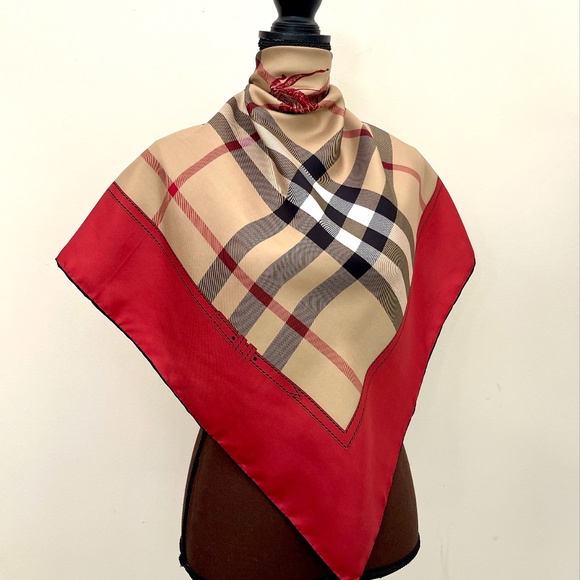 Display # 2 Burberry New Classic Check Pattern Red Border Silk Scarf - Picture 2 of 16